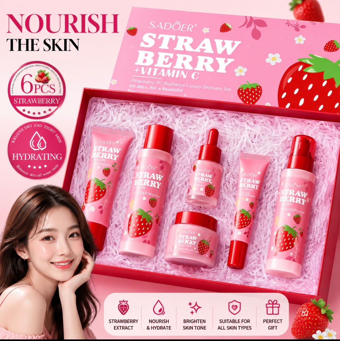 SADOER Strawberry + Vitamin C SkinCare Set- 6 Pieces