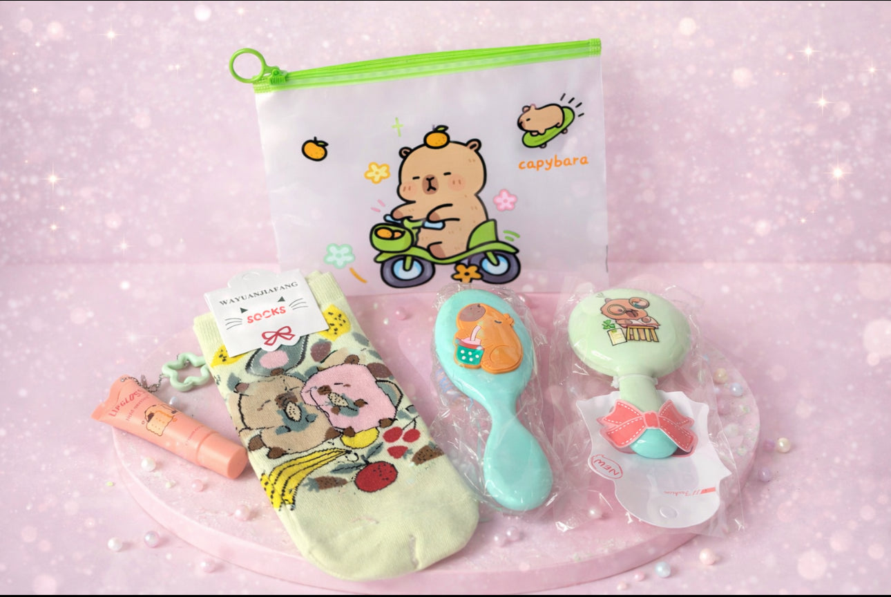 Capibara Cute Bags with socks-hair brush-hand mirror-lipgloss with Keychain