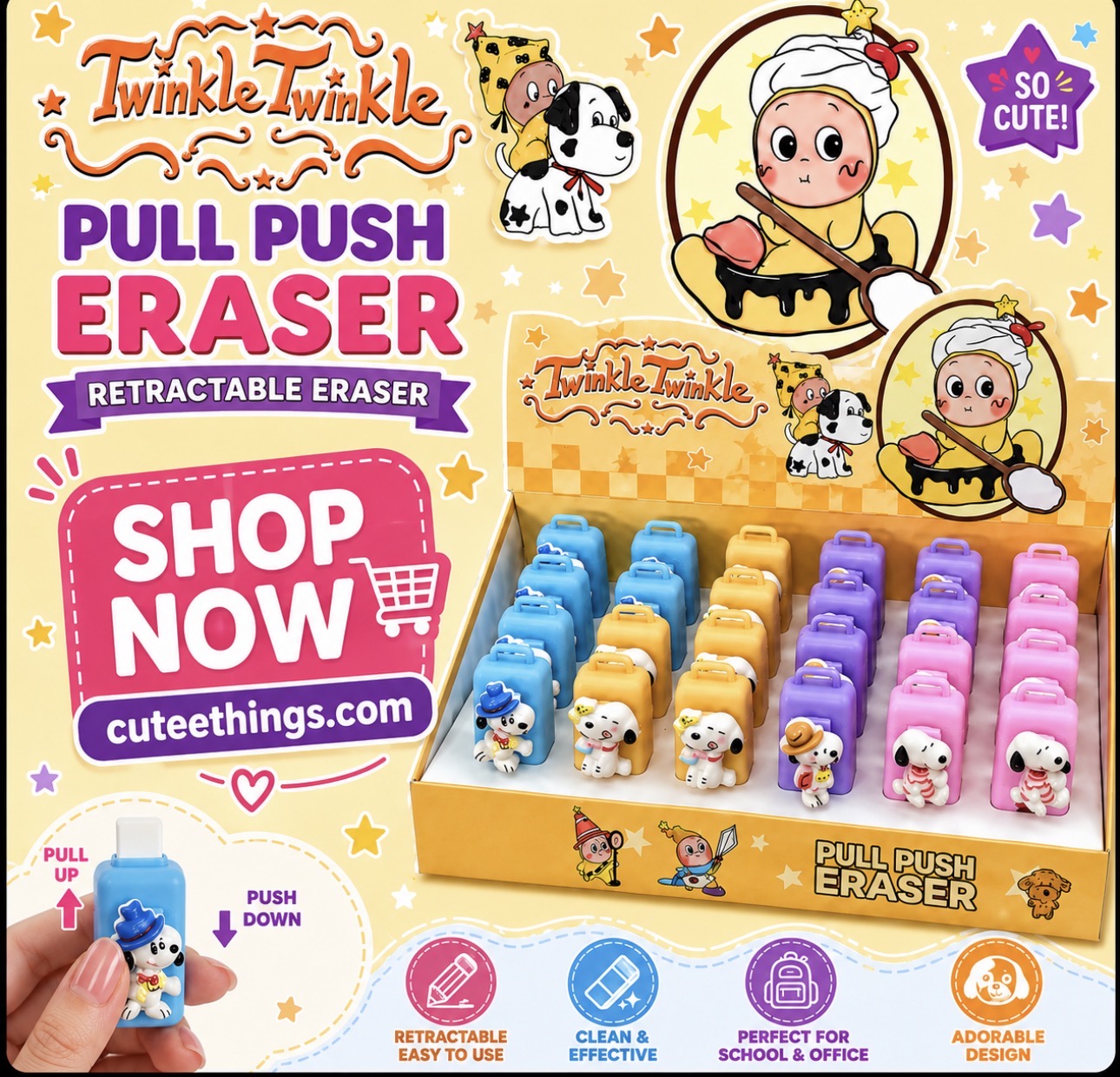 Cute Pull Push Retractable Eraser.         (12 Pieces)