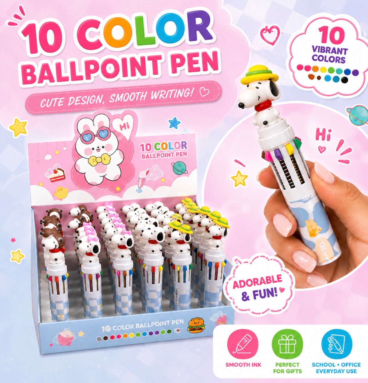Cute Snoopy Ball Pen with 10 Colors (12 Pieces)