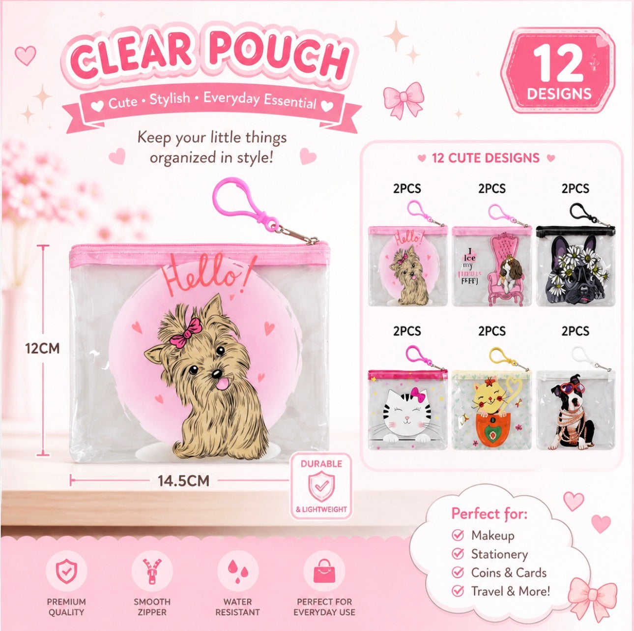 Cute Clear Pouch with Keychain ( One Dozen)