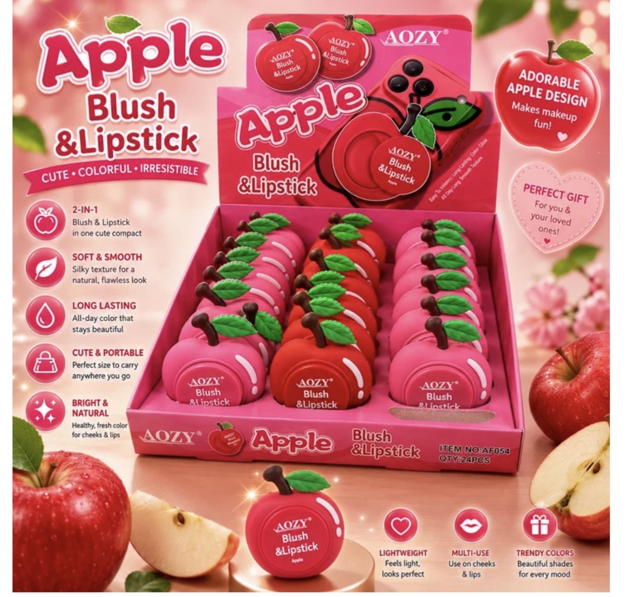 Apple Blush & Lipstick 2-in-1 – Phone Attachment Compact (12 pieces)