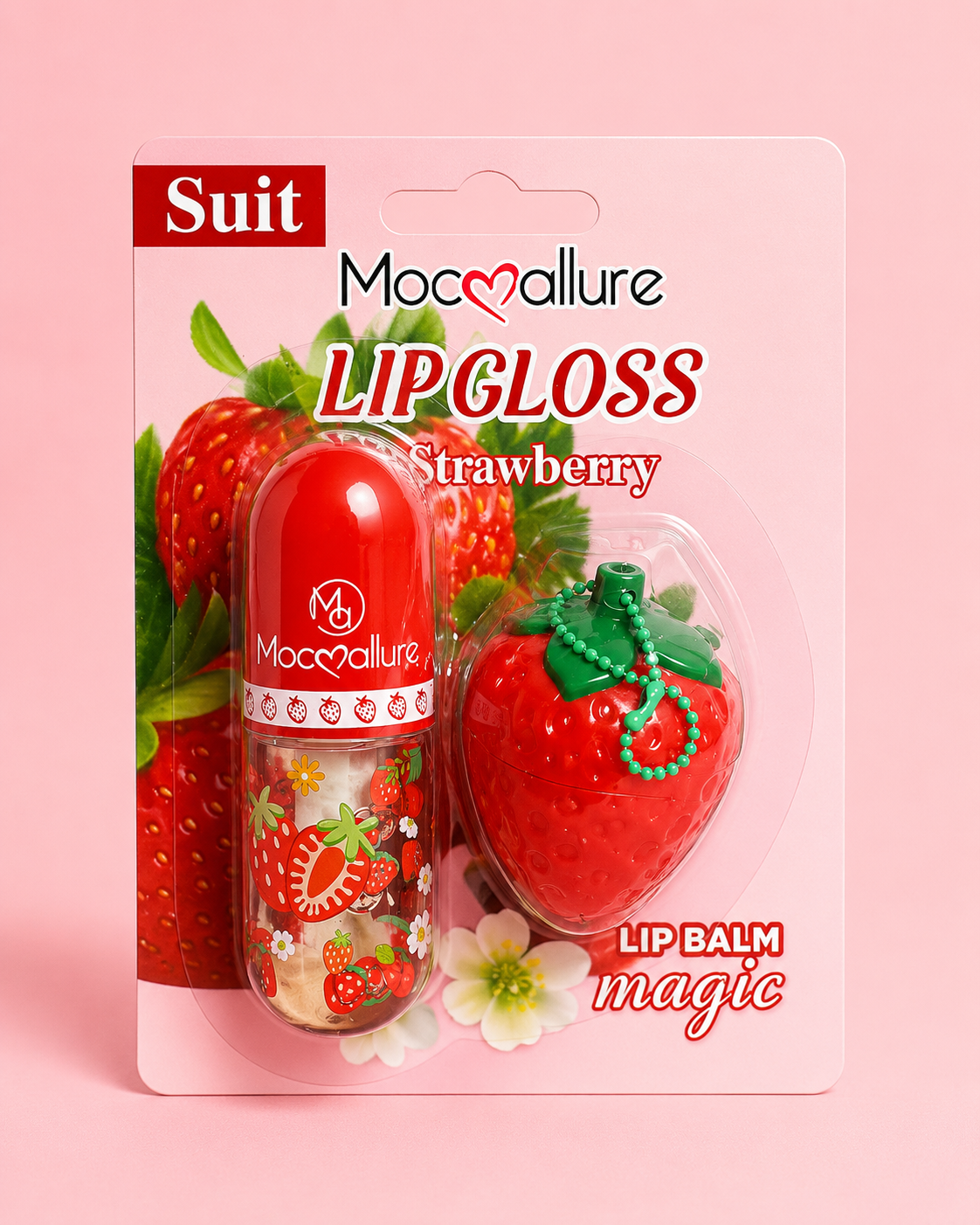 Mocallure Strawberry Lip Gloss & pH Color-Changing Lip Balm with Keychain (One Set)