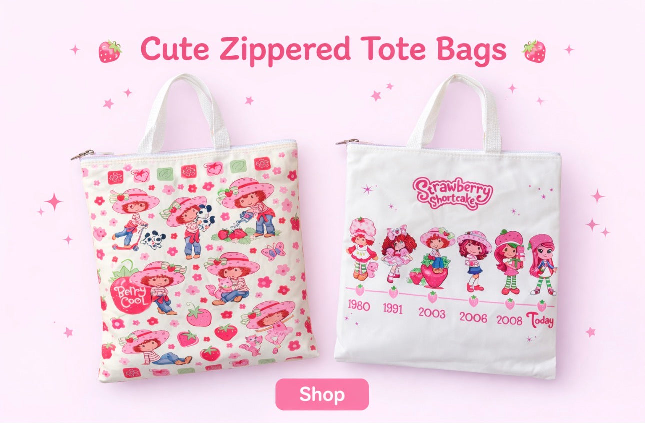Strawberry Shortcake Cute Zippered Tote Bags with Retro Character Designs and Timeline Features