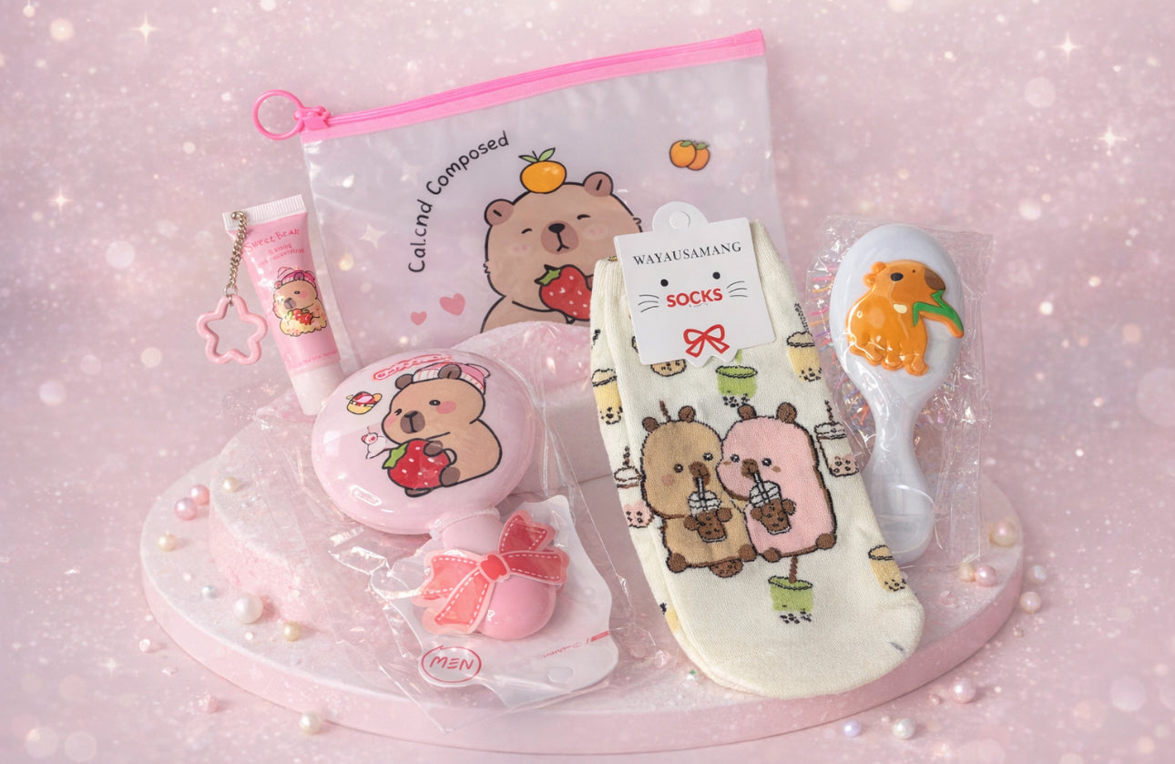 Capibara Cute Bags with socks-hair brush-hand mirror-lipgloss with Keychain