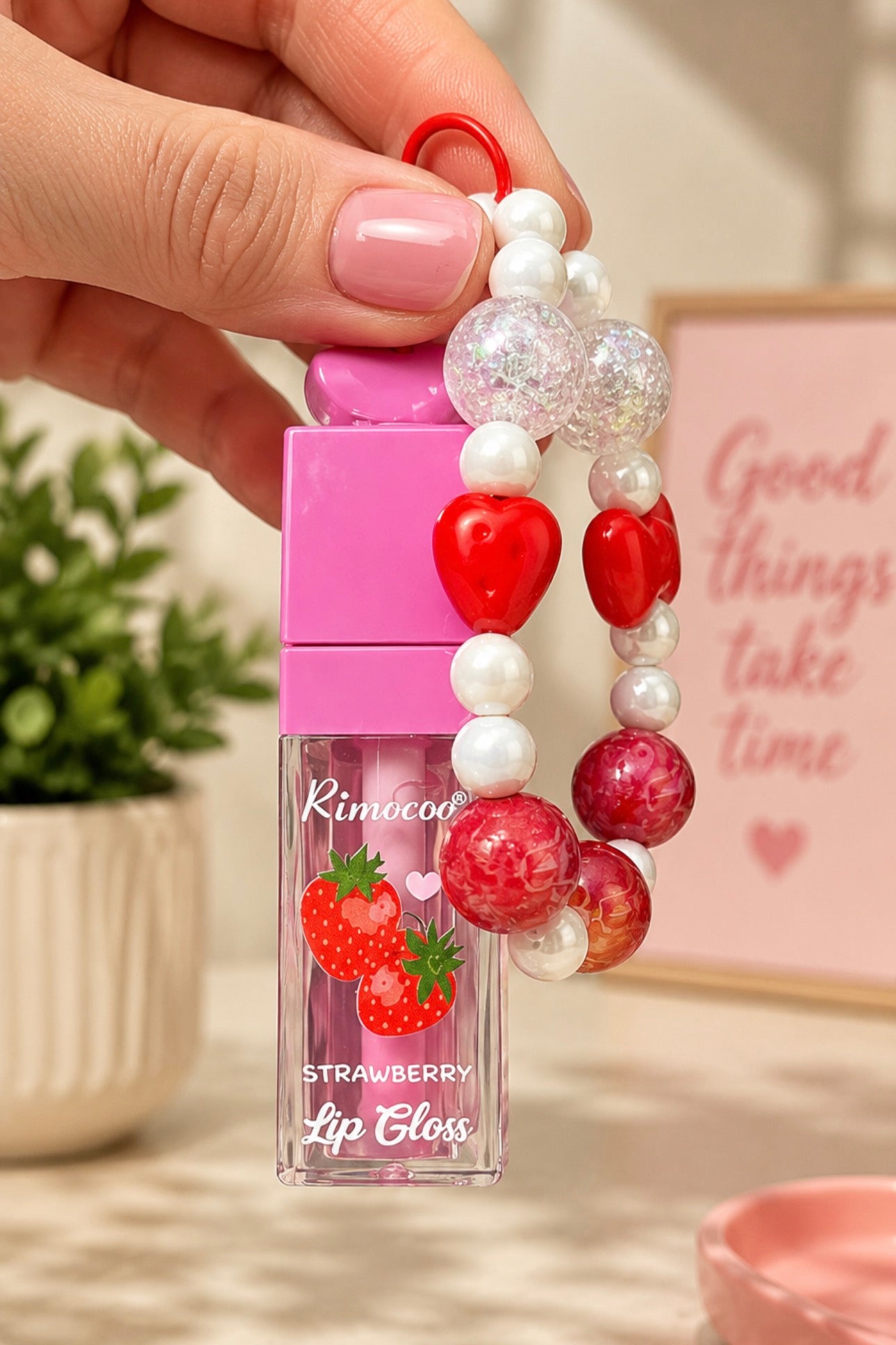 Strawberry Lipgloss with a Cute Keychain