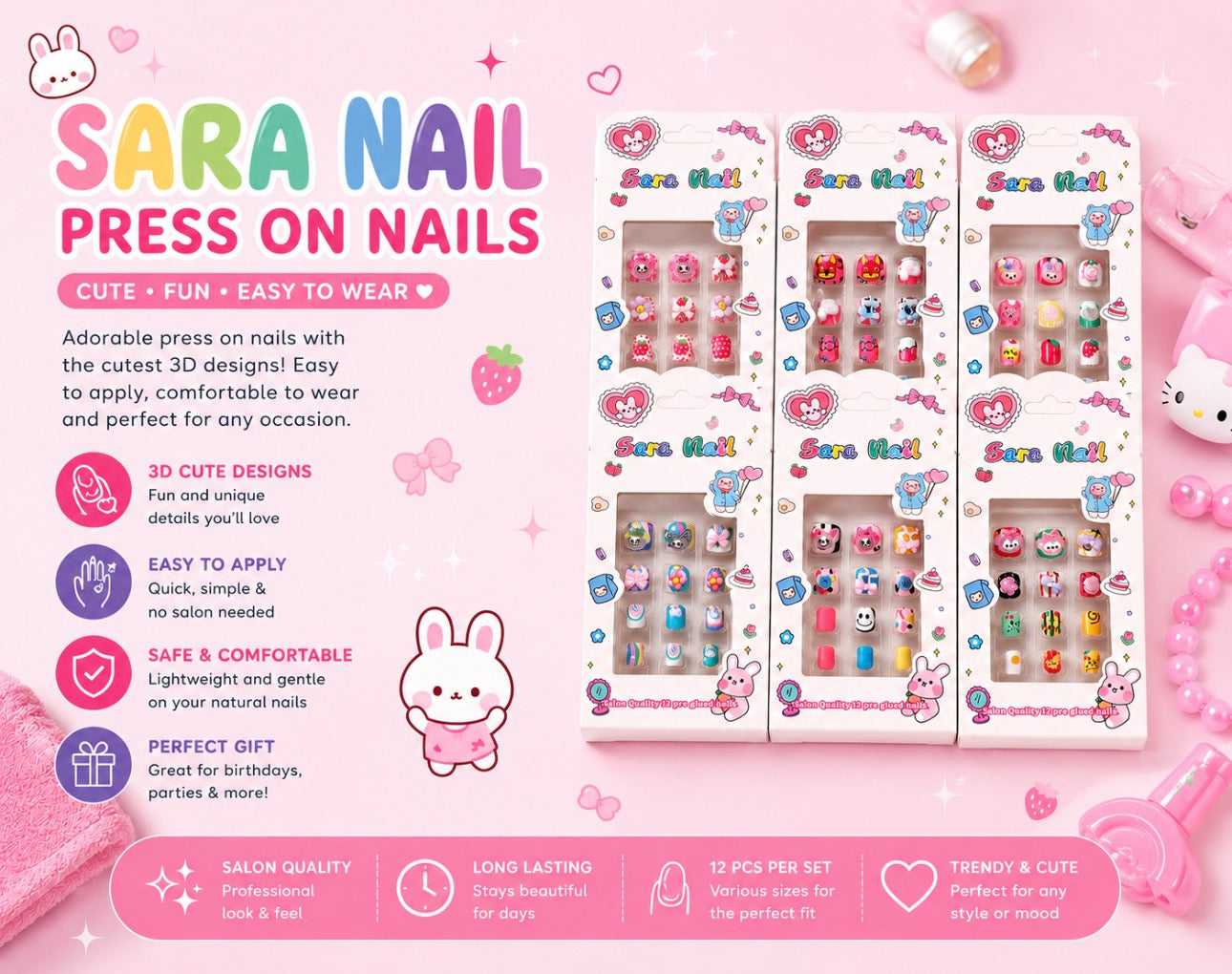 Cute Kawaii Press on Nails              (One Dozen)