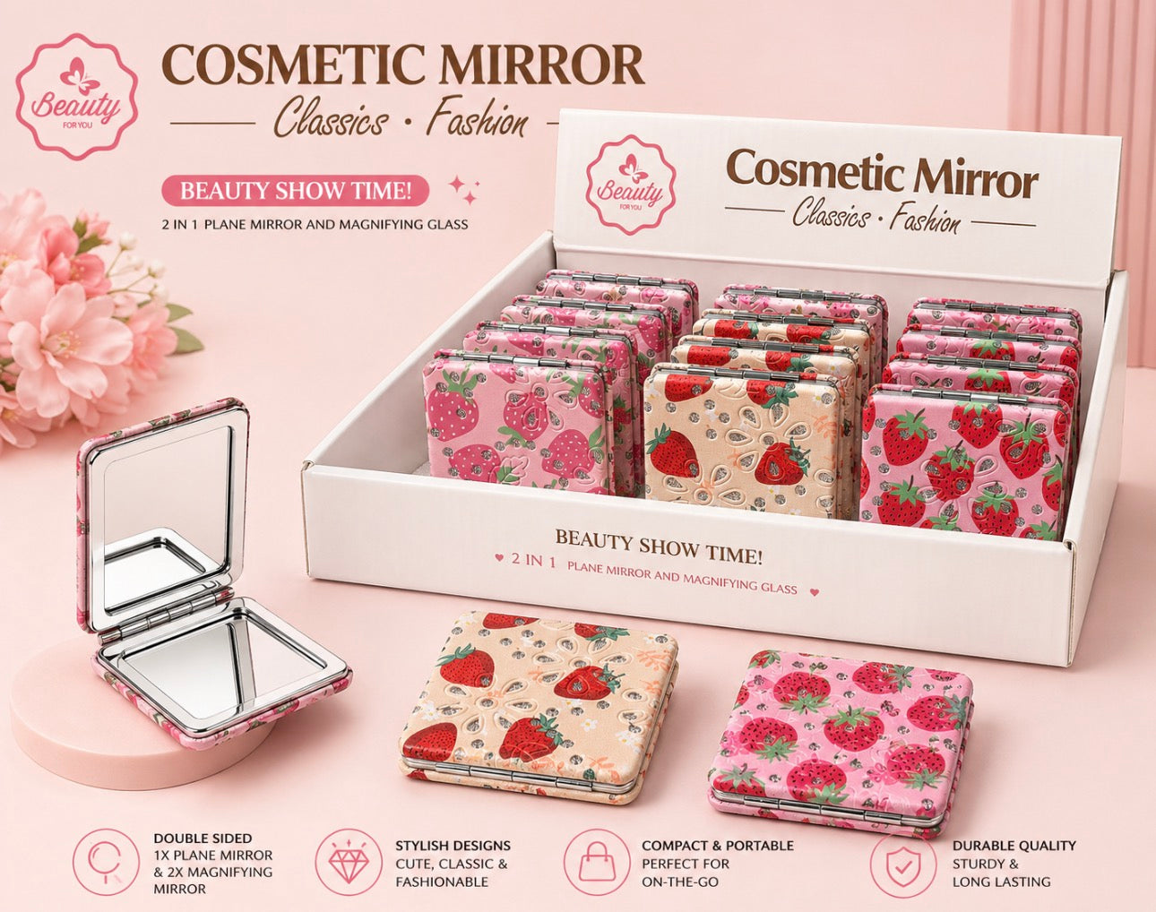 Strawberry Doubled Sized Compact Mirror (12 Pieces display)