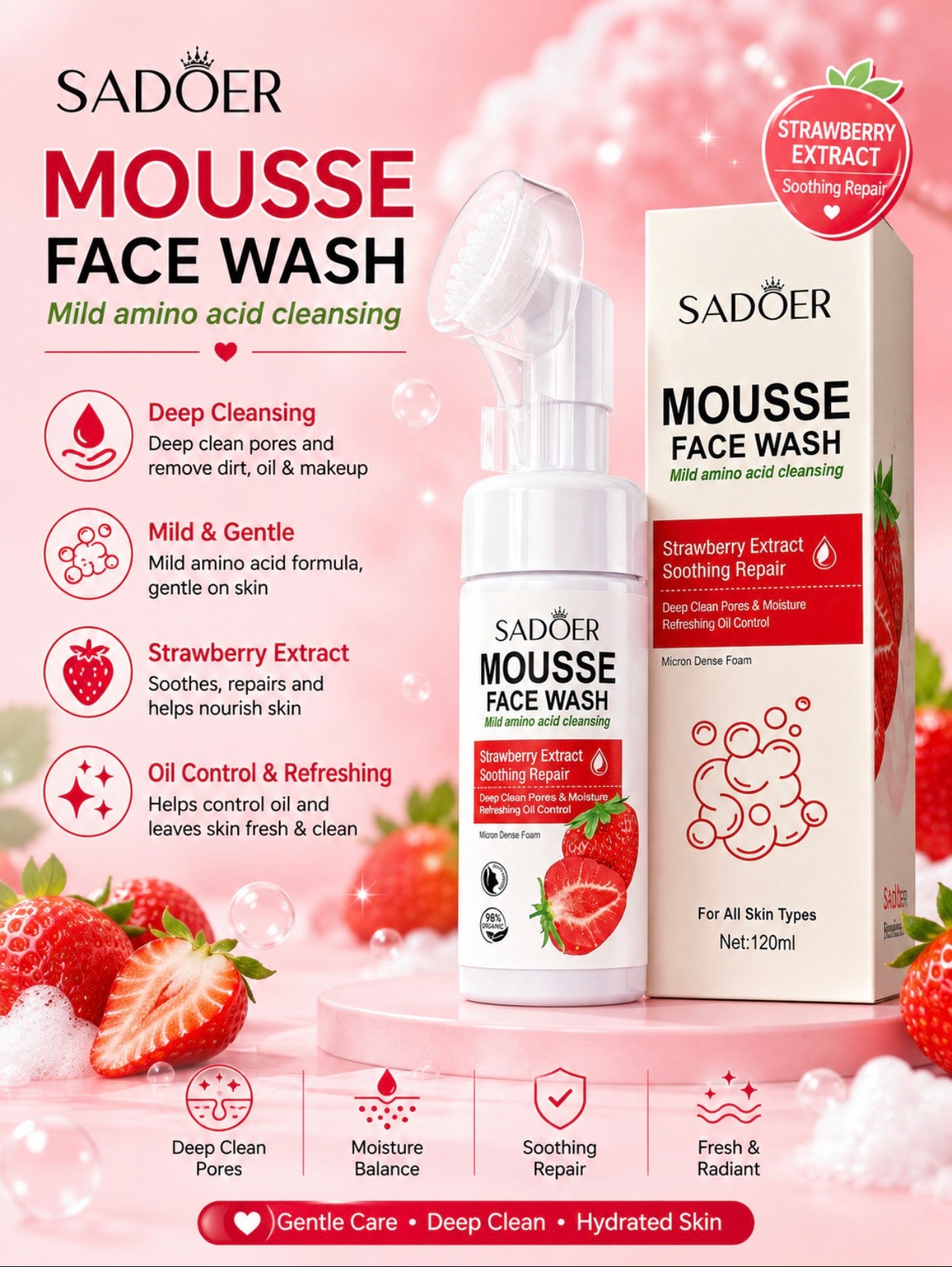 Strawberry Mousse Face wash with Silicone Brush (one piece)