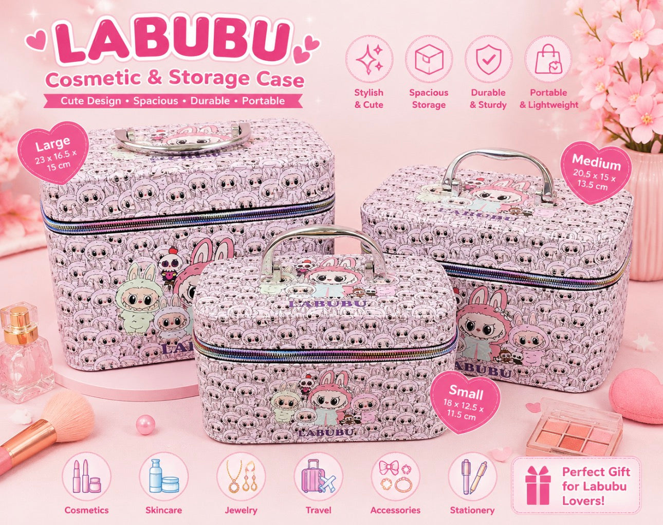 3 Pieces Travel Cosmetic Bags with Mirrors