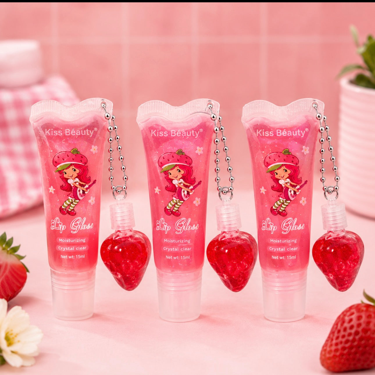 Strawberry Lipgloss with Charm.              (Display with 24 Pieces)