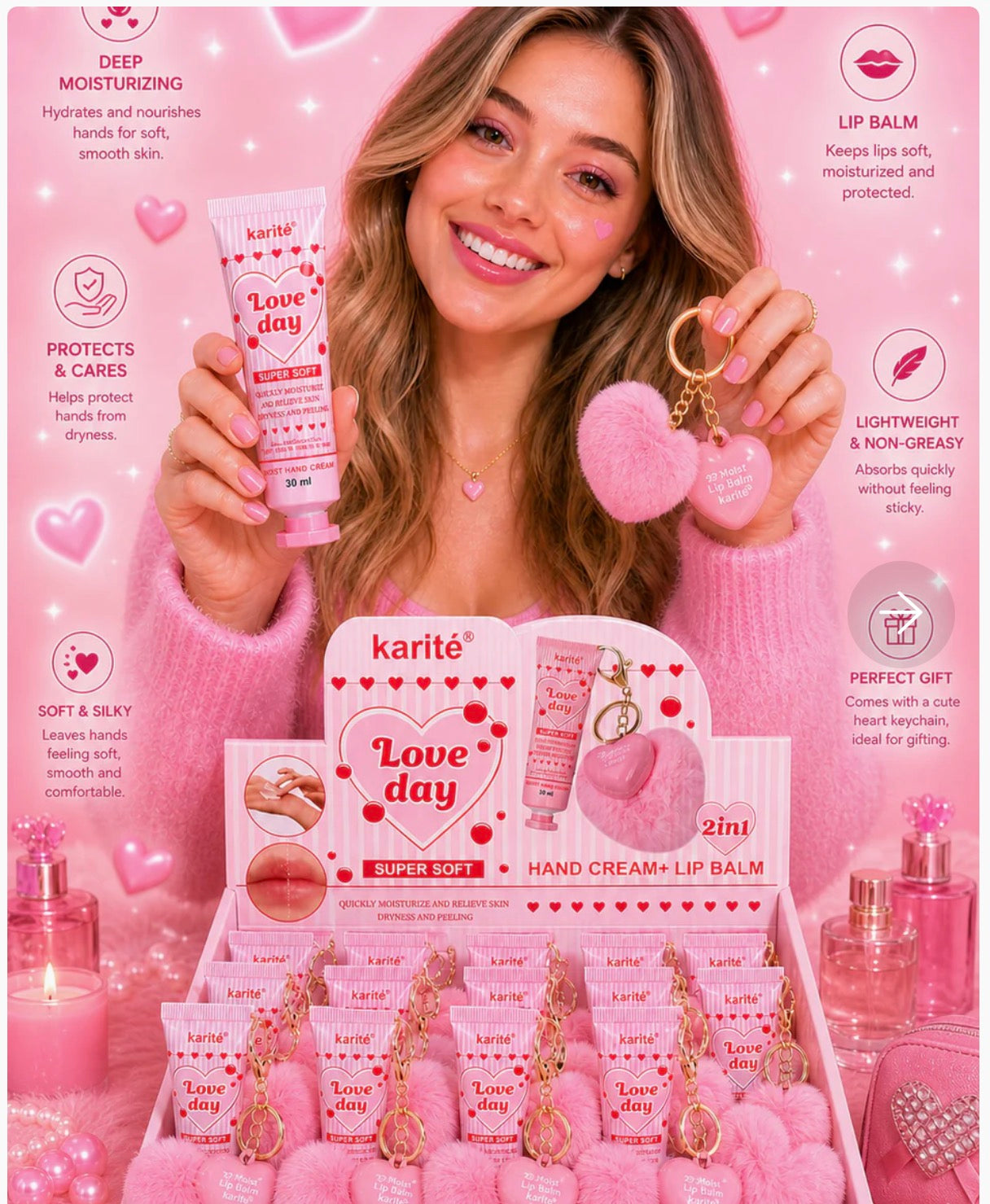 Moisturizing Hand Cream and Lipbalm with a Cute Heart Keychain (3 Pieces)