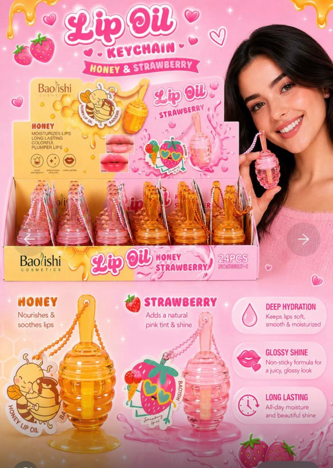 Lipoil Keychain Honey & Strawberry (12 Pieces)