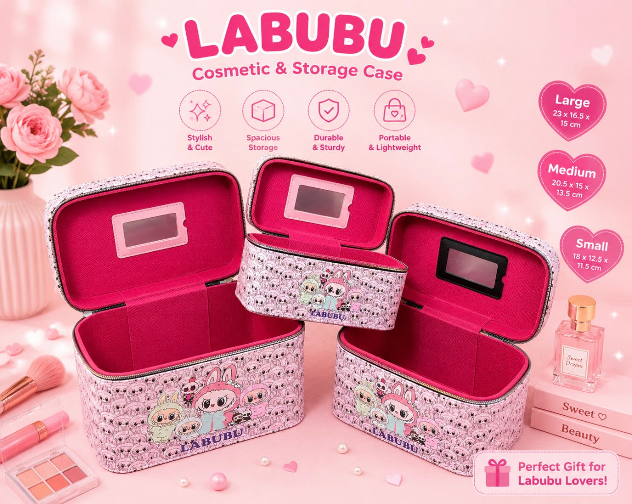 3 Pieces Travel Cosmetic Bags with Mirrors