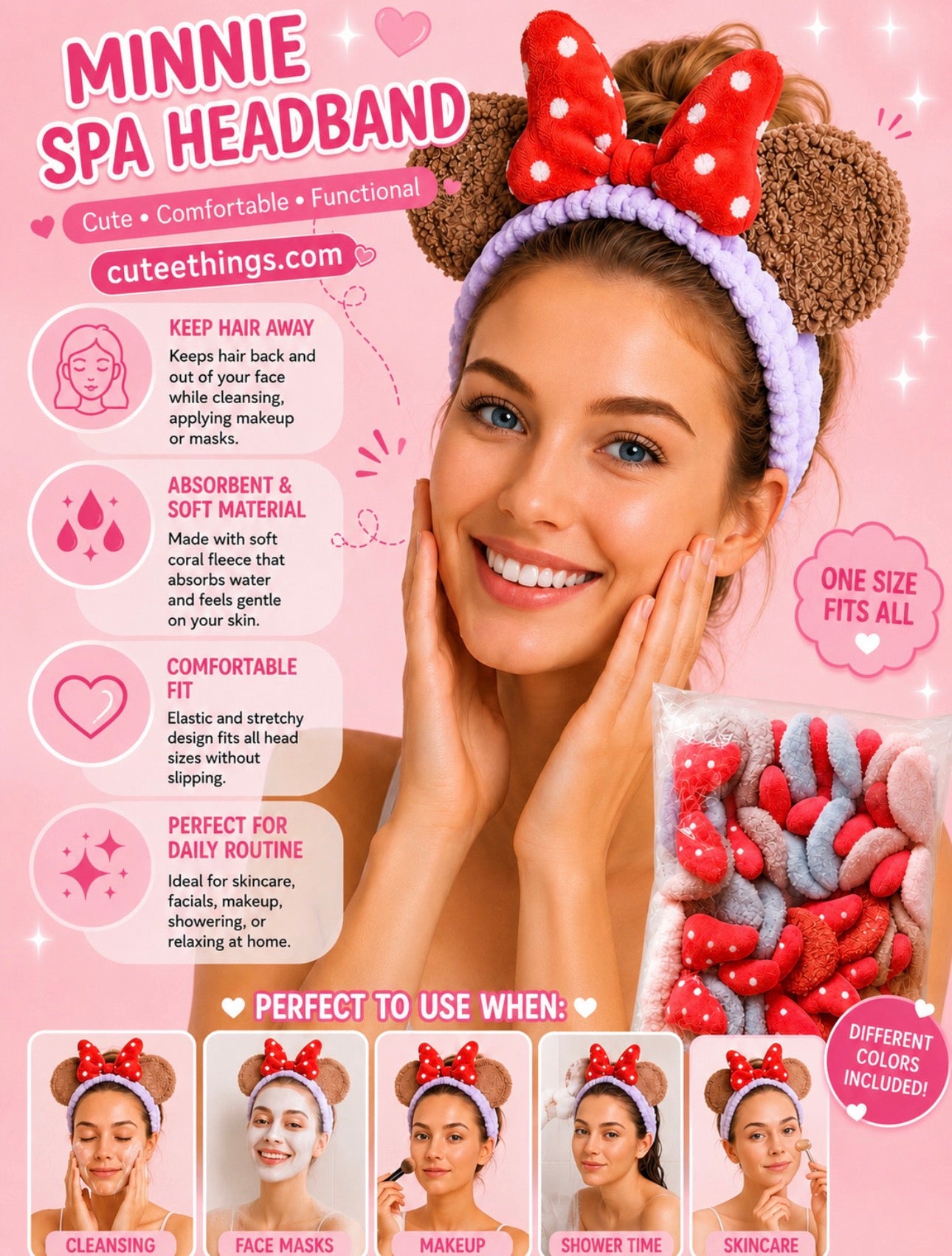Soft Headband With Bow & Ears             (6 Pieces Assorted Colors)