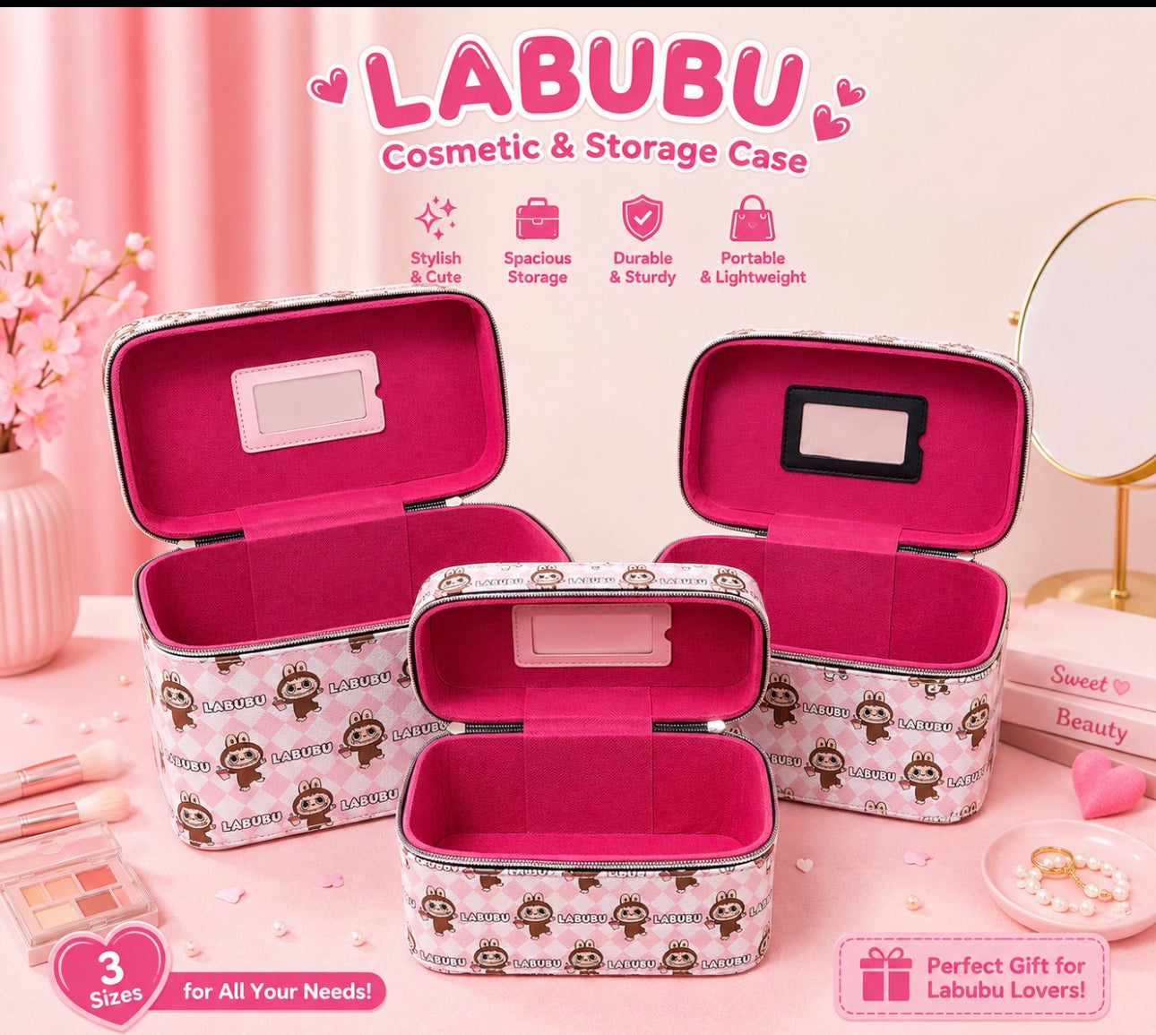 3 Pieces Cosmetic and Storage Cases with Mirror