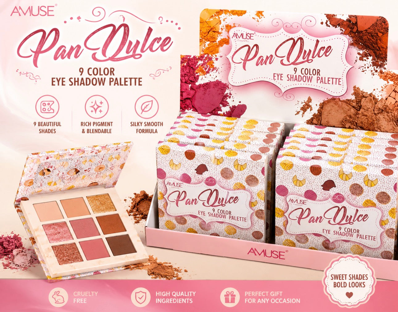 Amuse Pan Dulce 9 Colors Eyeshadow Palettes.                    (Display with 12 Pieces)