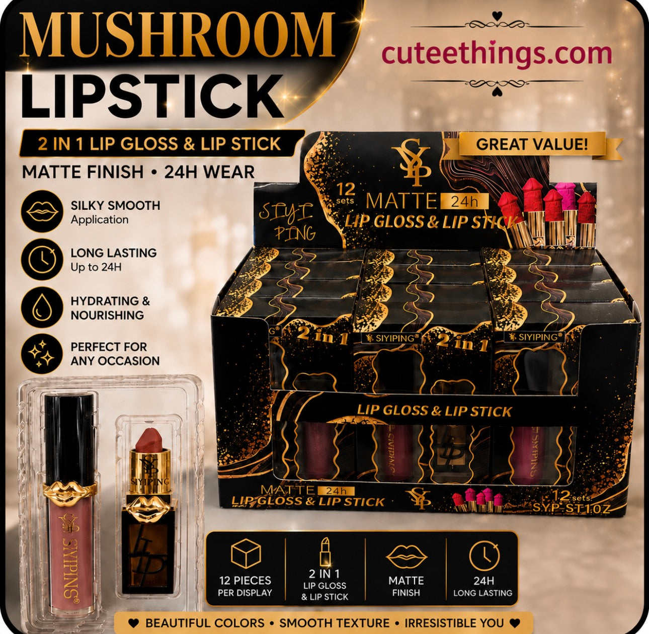 Mushroom 2-in-1 Lip Gloss & Lipstick (4 Sets)