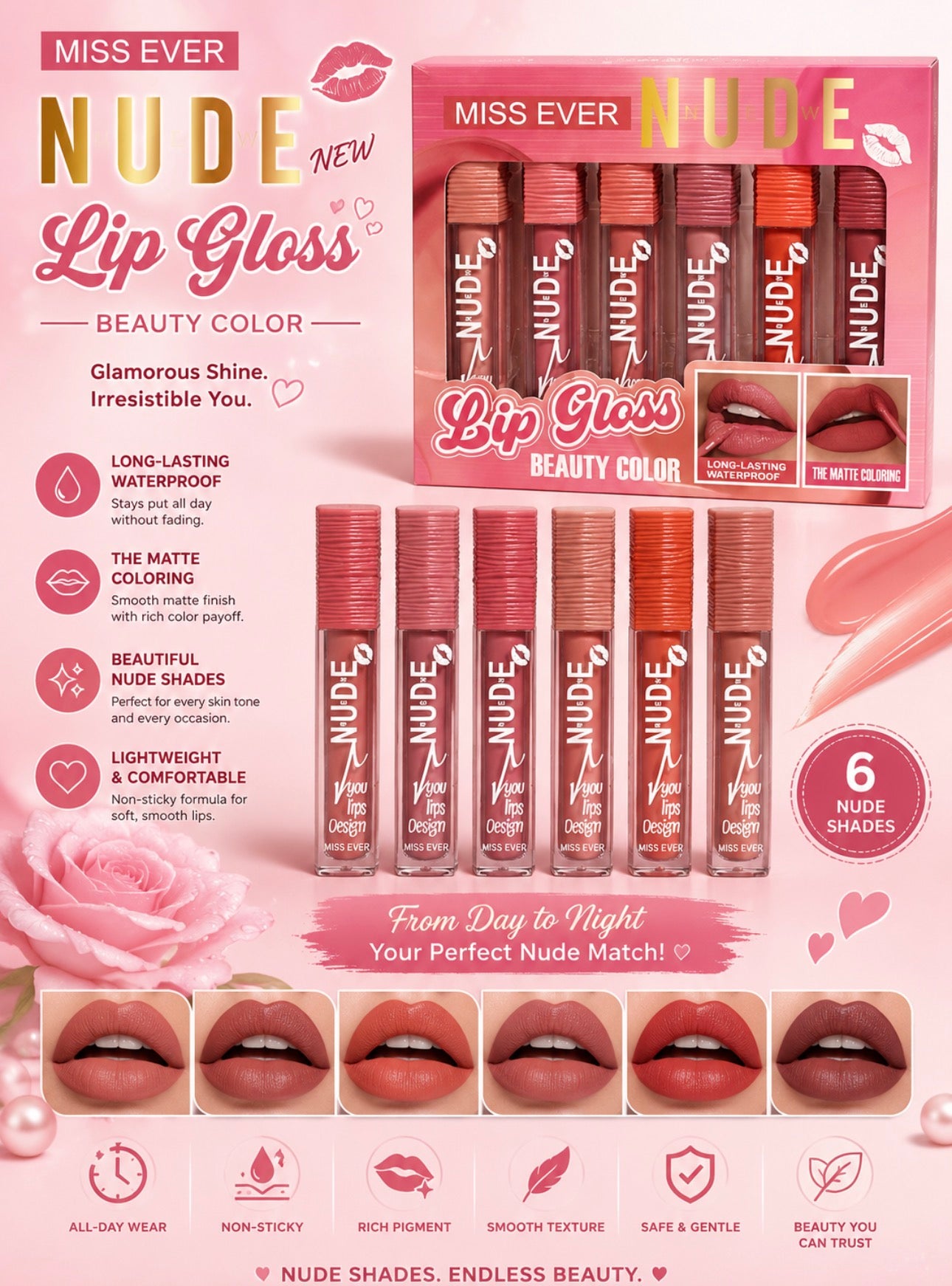 MISS NEVER 6 Gorgeous Nude Matte Lipgloss - Long Lasting Nude Shades