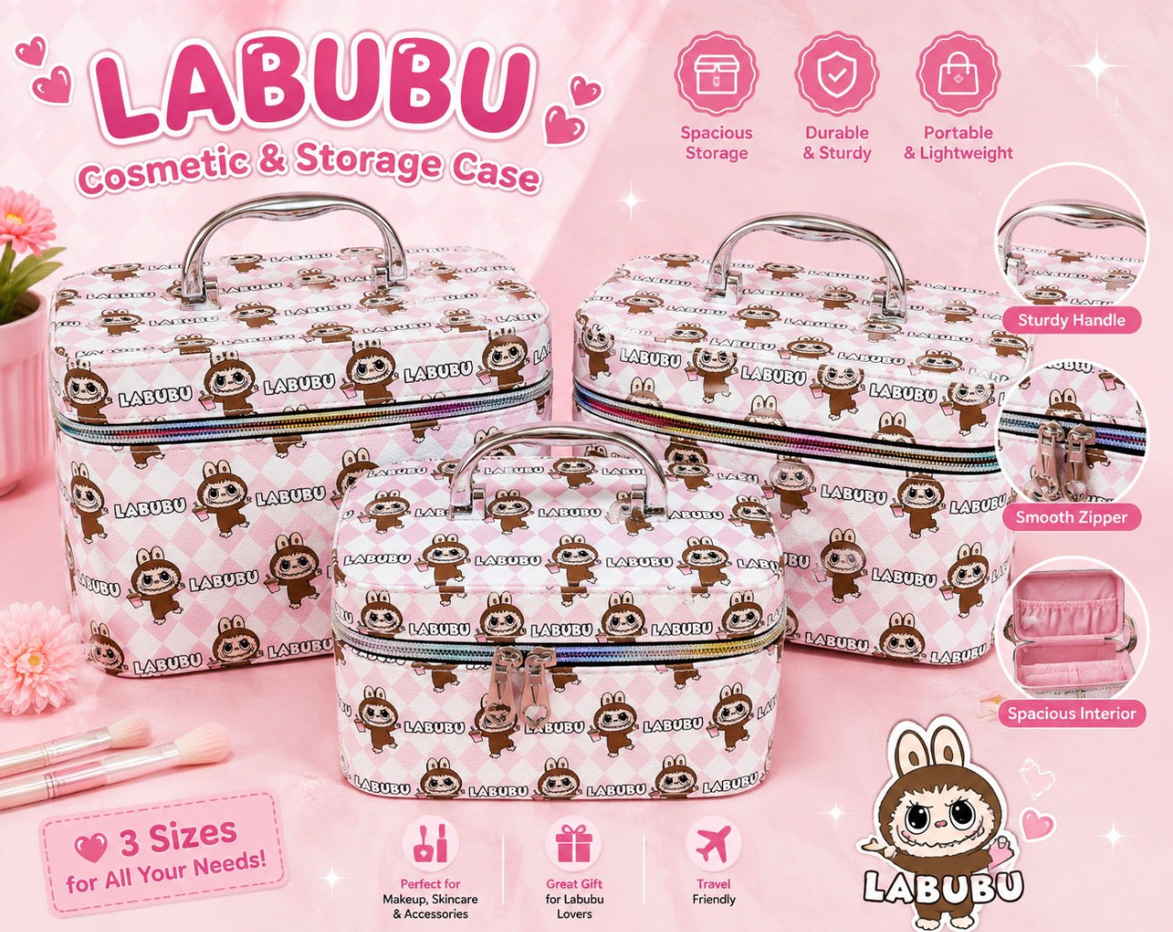 3 Pieces Cosmetic and Storage Cases with Mirror