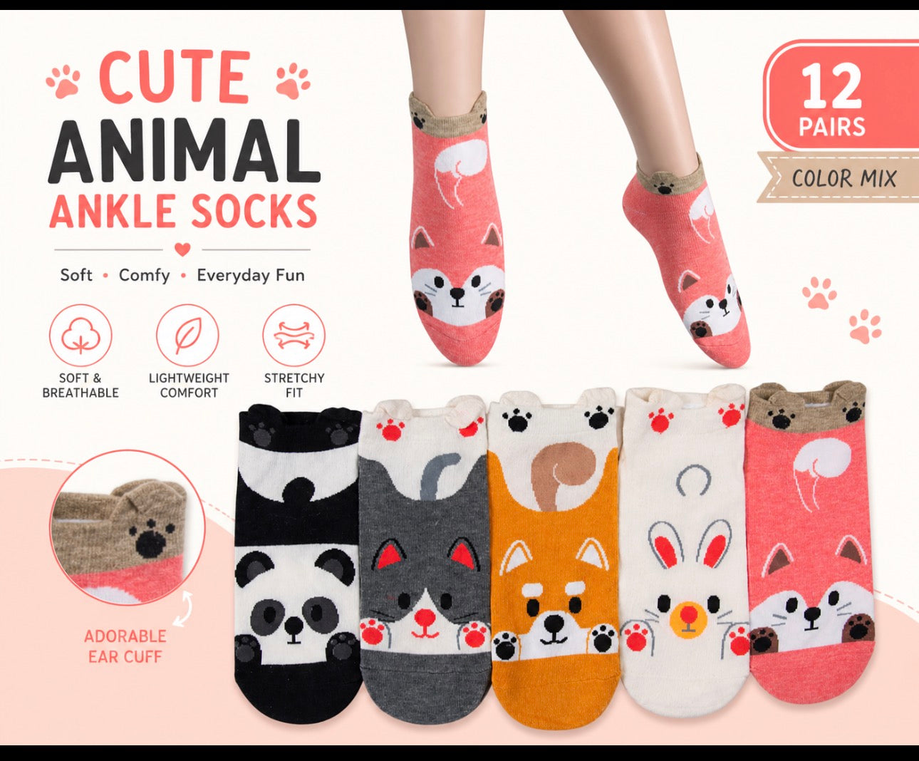 Cute Animal Ankle Socks (12 Pairs)