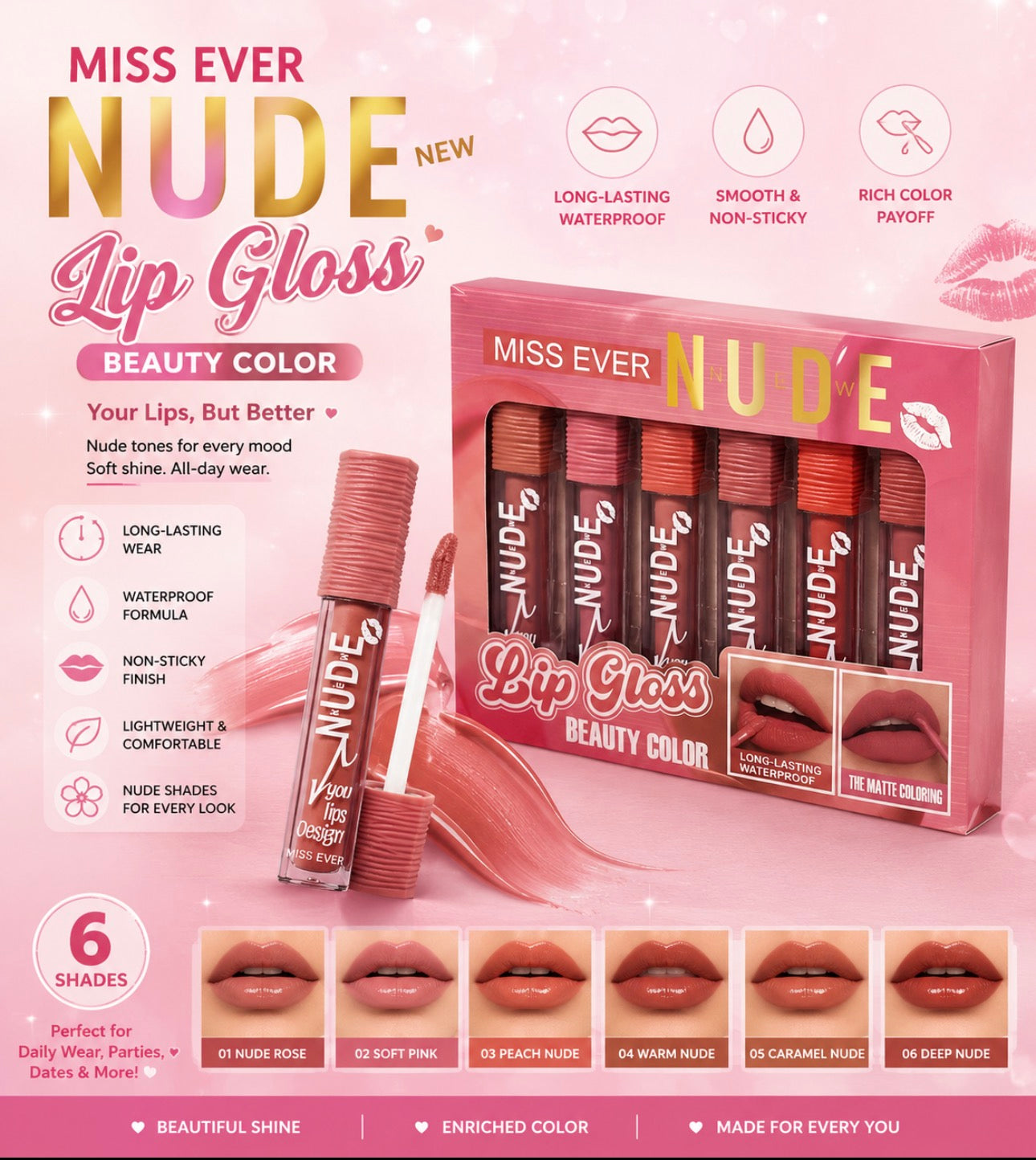 MISS NEVER 6 Gorgeous Nude Matte Lipgloss - Long Lasting Nude Shades