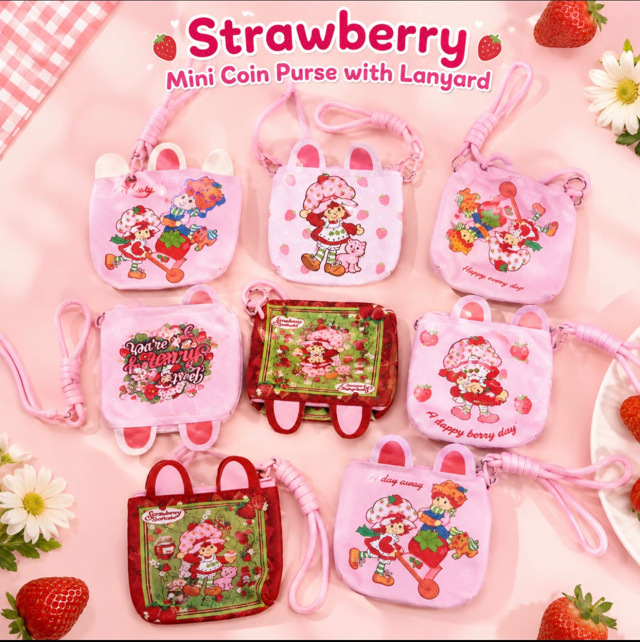 Strawberry Mini Coins Purse with Lanyard (12 Pieces)