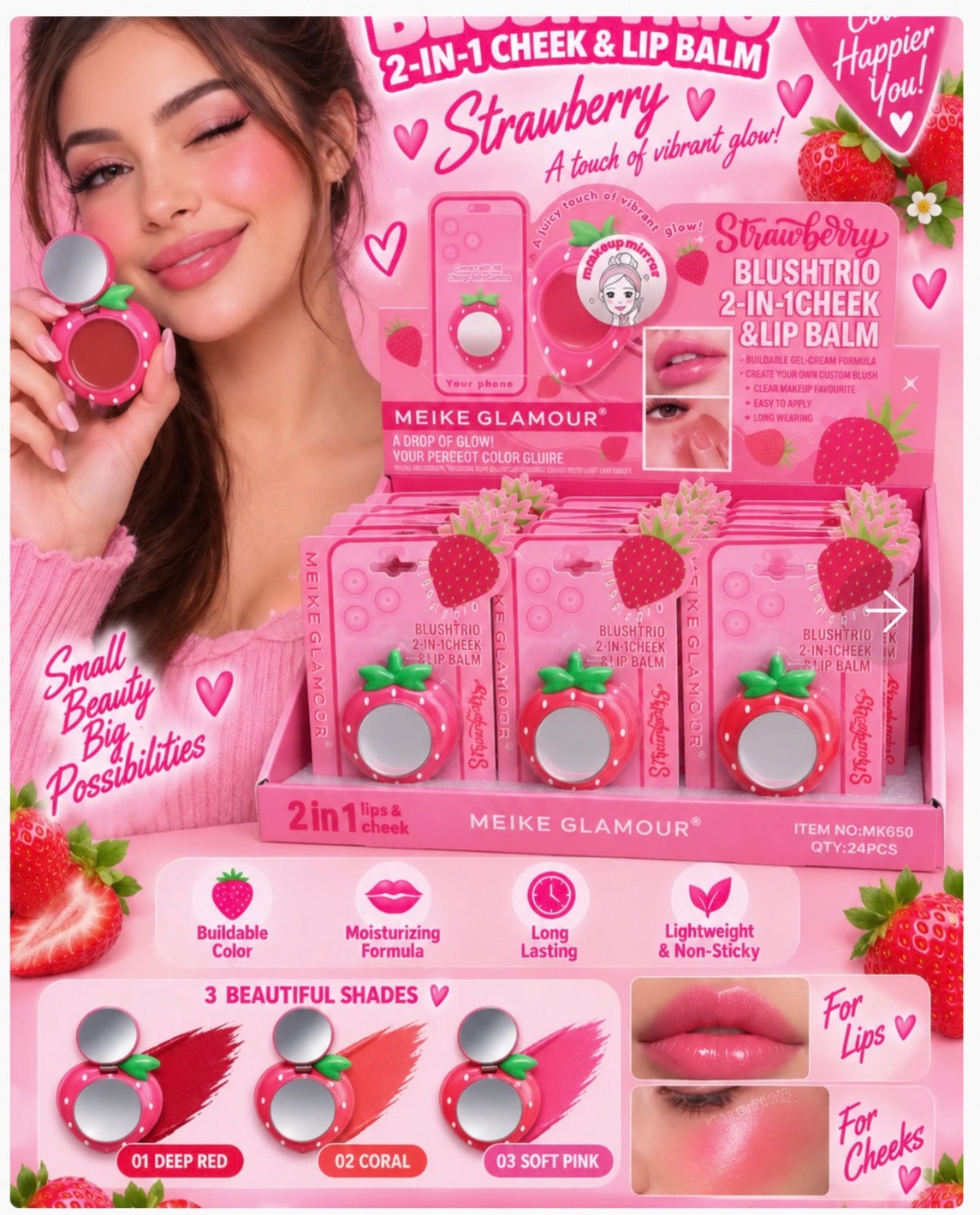 Strawberry 2-in-1 Blush & Lipbalm with Mirror (6 Pieces)