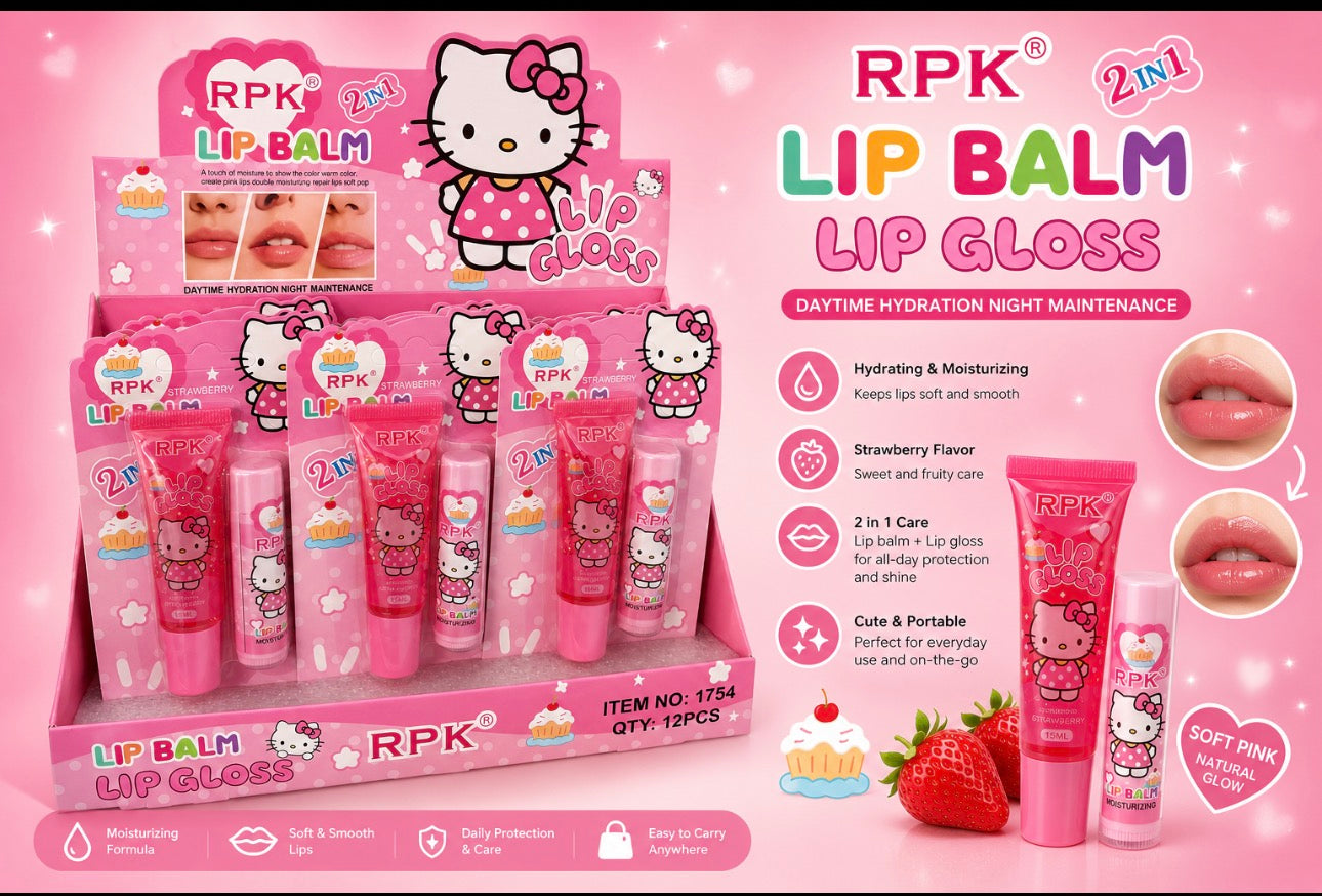 Kitty Lip Balm & Lipgloss Duo Set.         (6 Pieces)