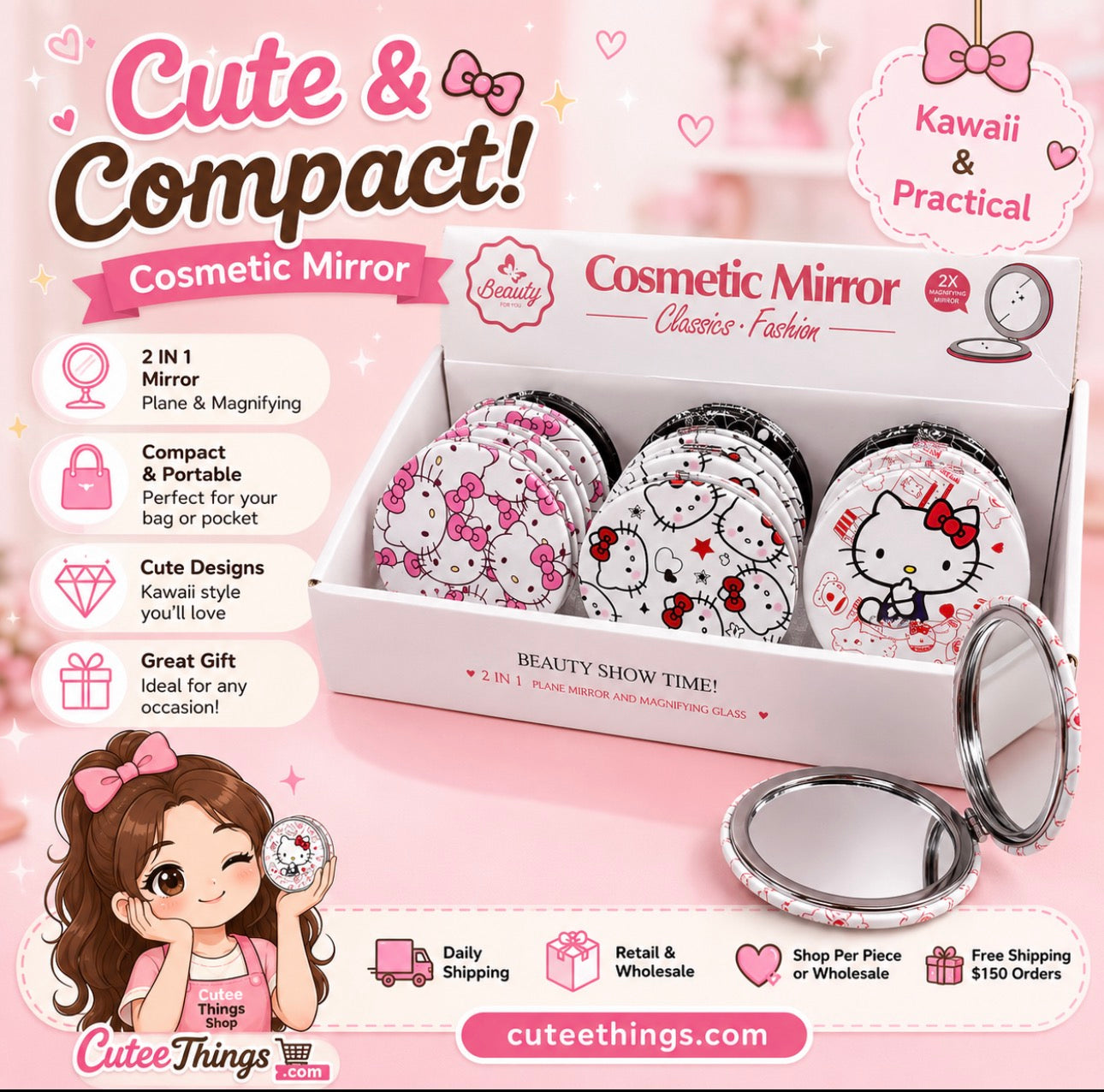 Kitty 2 in 1 double sided mirrors.            (12 Pieces Display)