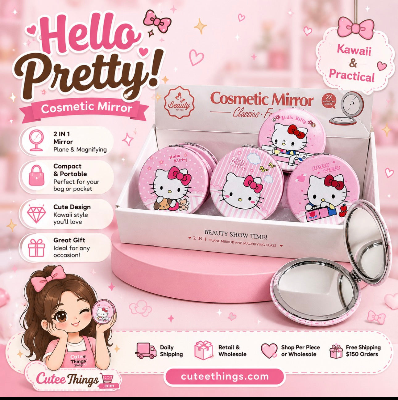 Kitty 2 in 1 compact mirror.                  (12 Pieces Display)