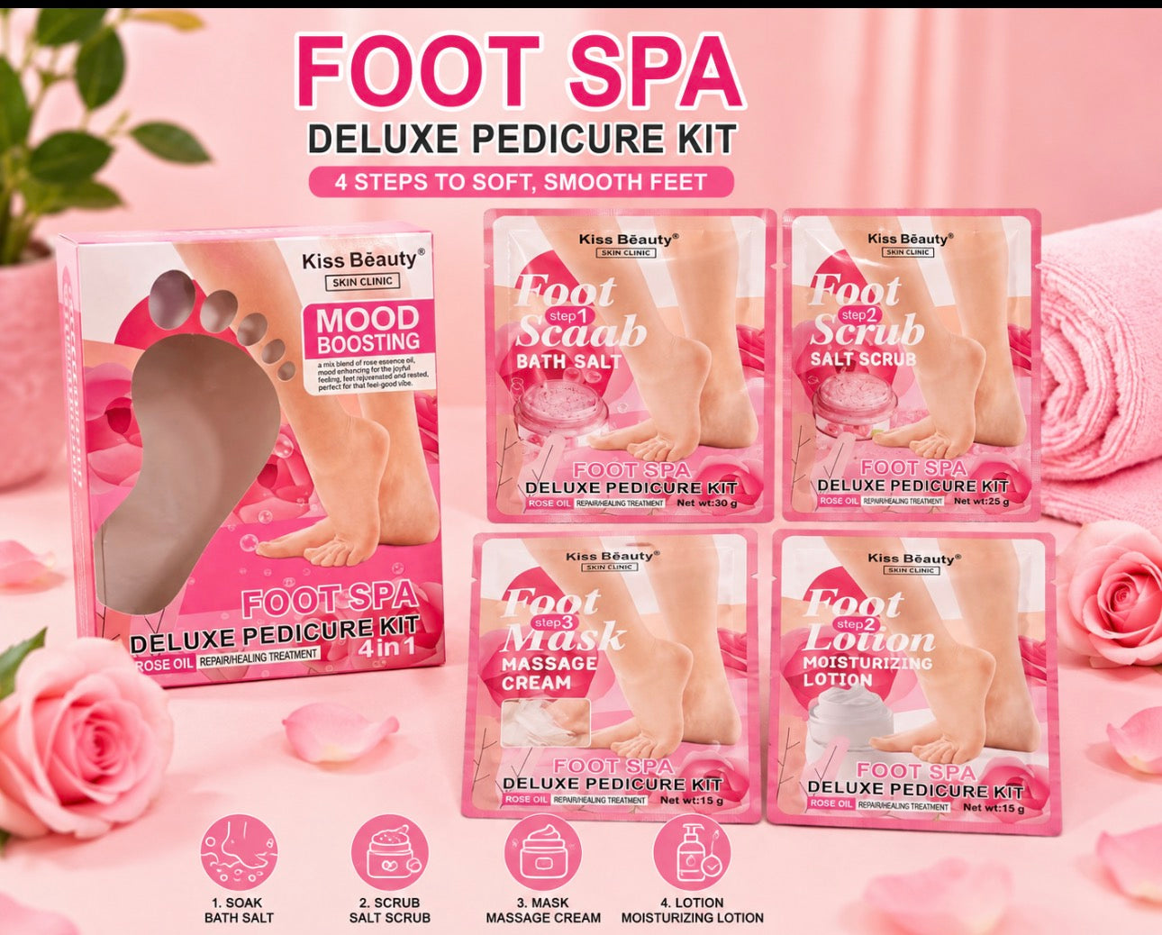 🌸 Foot Spa Deluxe Pedicure Kit – 4 Step Rose Oil Treatment(3 Sets)