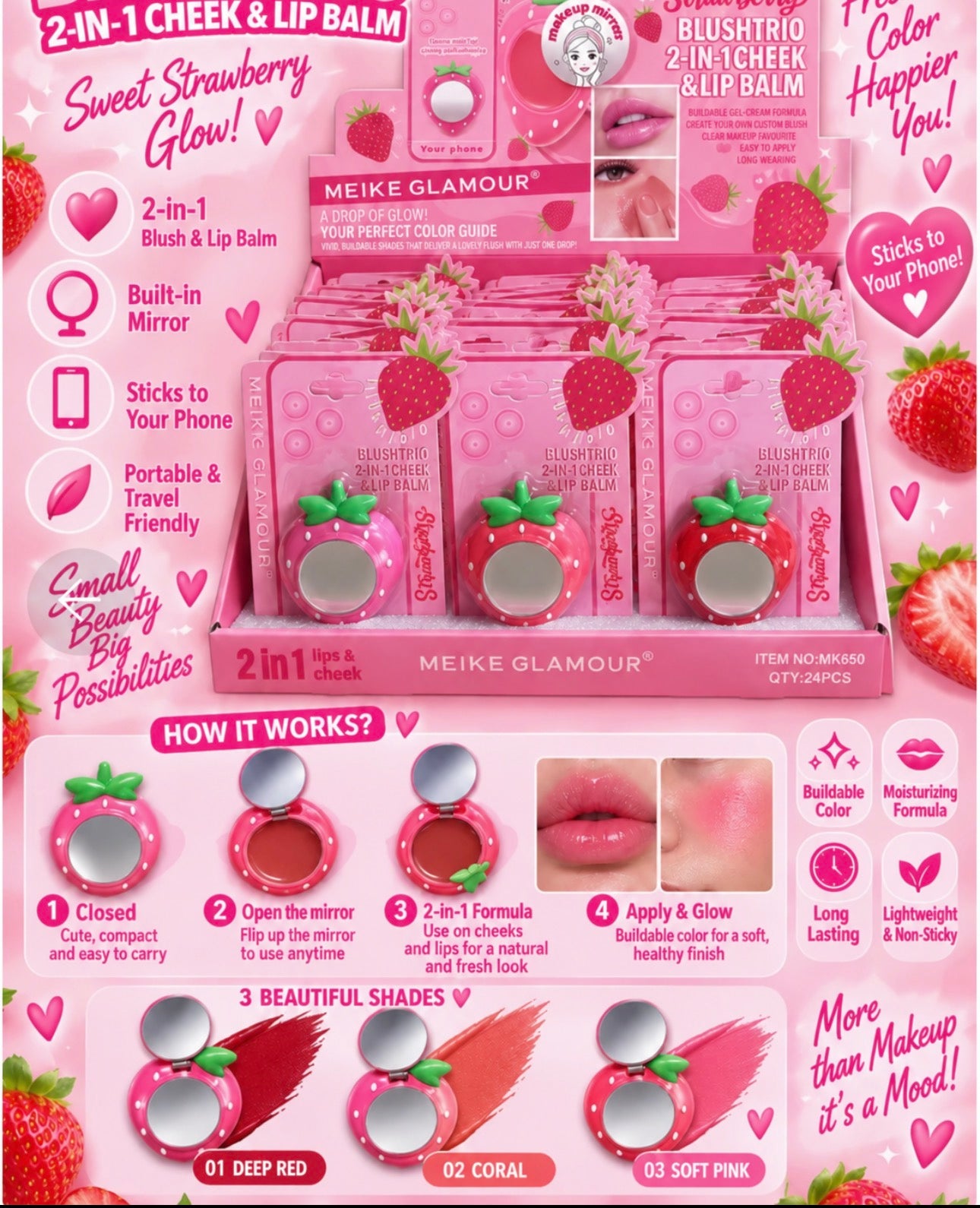 Strawberry 2-in-1 Blush & Lipbalm with Mirror (6 Pieces)