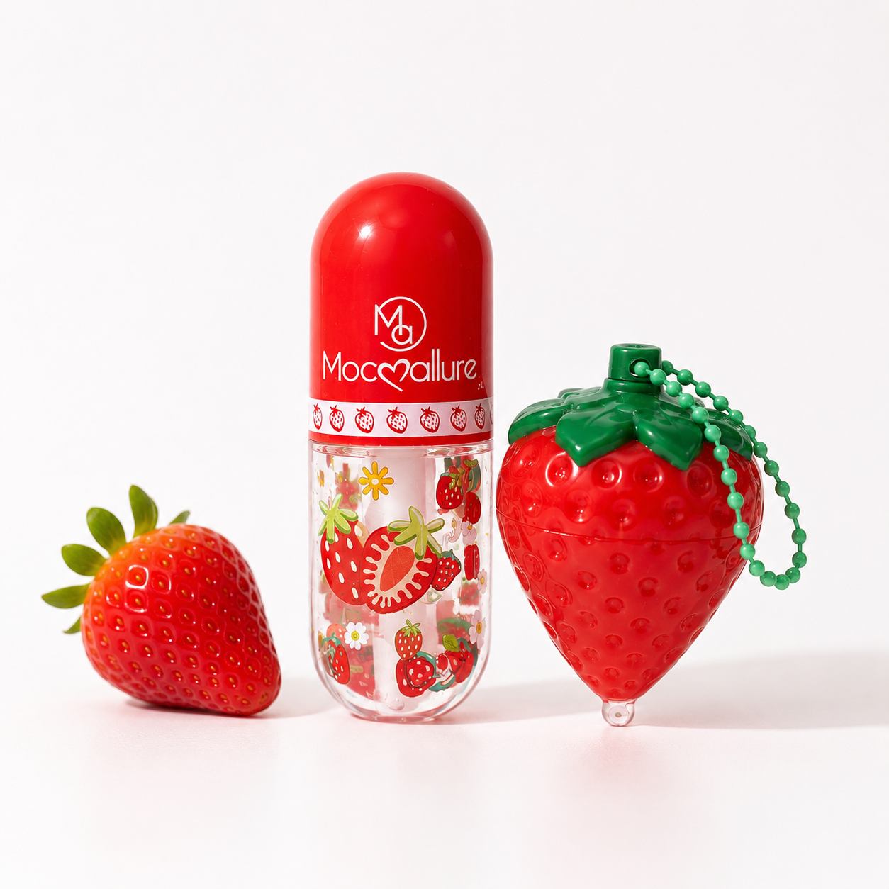 Mocallure Strawberry Lip Gloss & pH Color-Changing Lip Balm with Keychain (One Set)