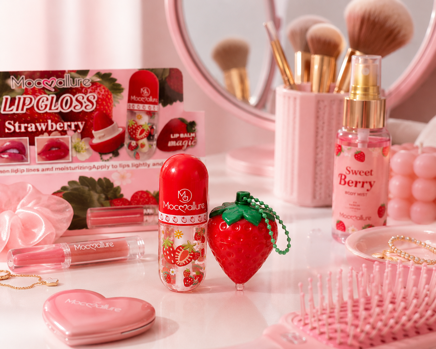 Mocallure Strawberry Lip Gloss & pH Color-Changing Lip Balm with Keychain (One Set)