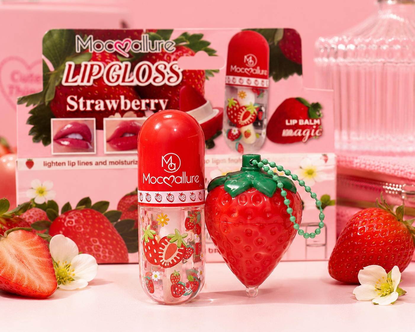 Mocallure Strawberry Lip Gloss & pH Color-Changing Lip Balm with Keychain (One Set)